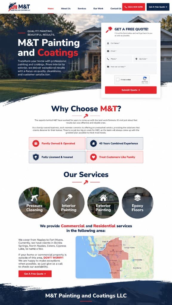 Painting company website with a quote form over a house exterior