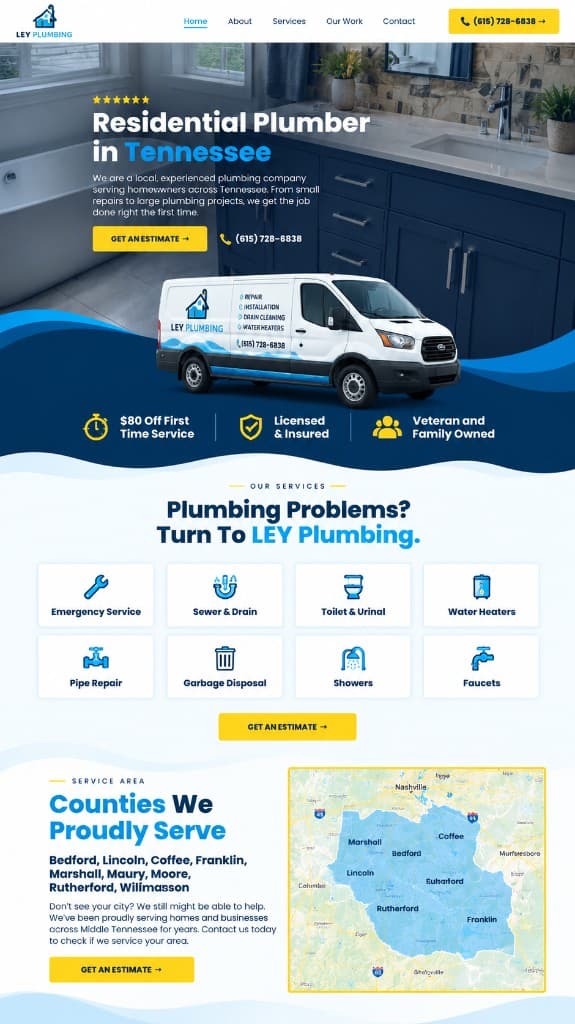 Plumbing website with a service van and a list of jobs